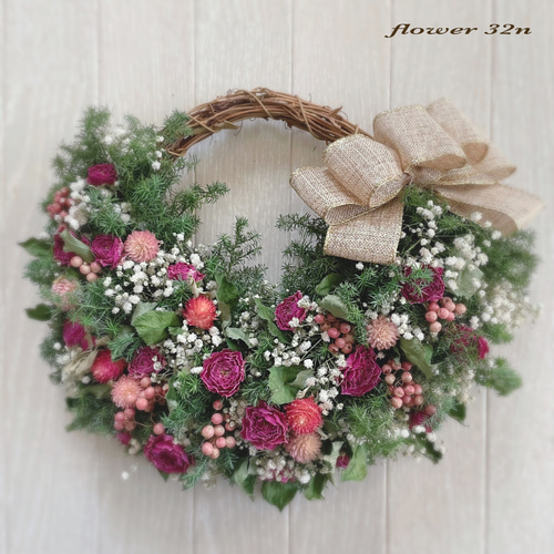 28㌢ かすみ草とバラのリース リース flower32n 通販 14924268