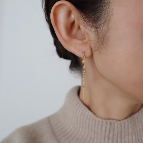 キュービックジルコニアハート×ペタルチェーンピアス/イヤリング