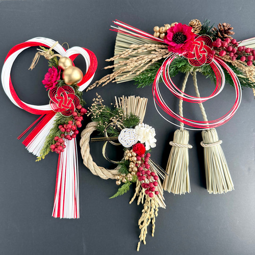 しめ縄　お正月飾り　しめ縄リース新年　No.4 No.629 赤い実と紅白椿のしめ縄リース2024 ハンドメイドお正月飾り玄関