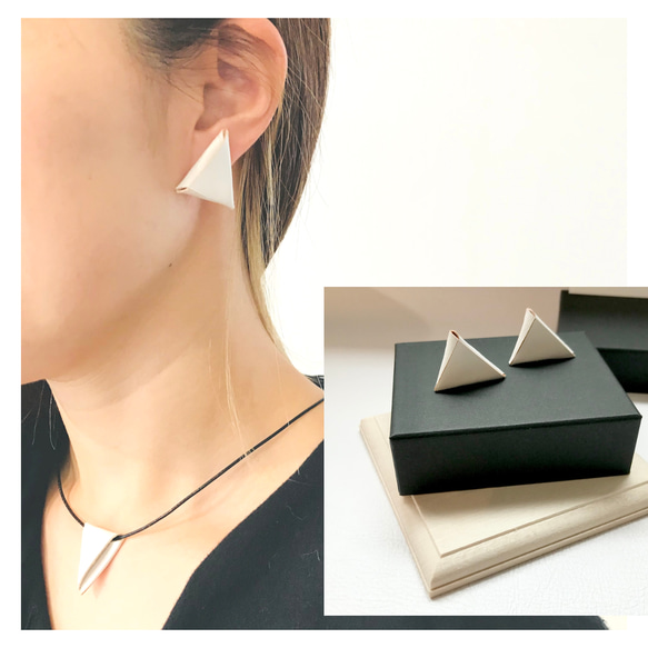 《lovi／△》White leather  白・三角ピアス／イヤリング・レザーアクセサリー 2枚目の画像