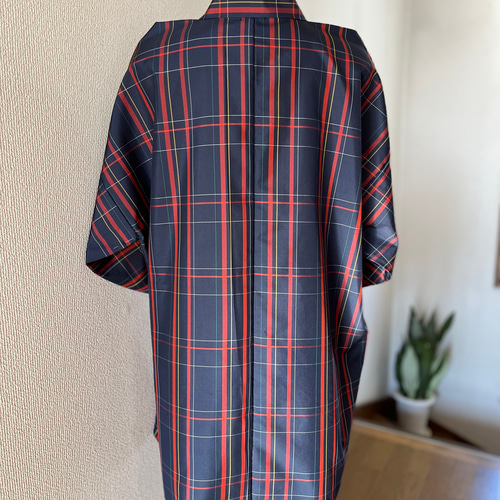 大島紬 泥染め大島紬 作務衣 着物リメイク 商標付き 格子柄 大人可愛い