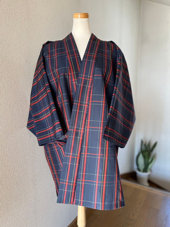 大島紬 泥染め大島紬 作務衣 着物リメイク 商標付き 格子柄 大人可愛い
