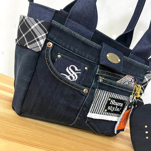 大人も着やすいシンプルファッション デニムリメイクバッグNo.172☆トートバッグ&コインポーチ トートバッグ