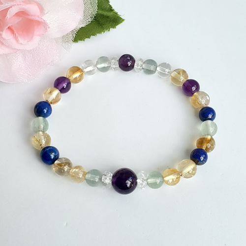 セール　天然石　ハンドメイドブレス　アメトリン　リビアングラス　アメジスト アメジスト×シトリン×ラピスラズリ×フローライト ブレスレット 天然石
