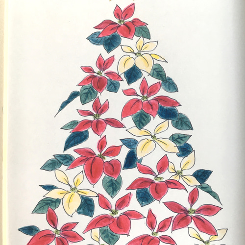 透明水彩画原画 クリスマス 聖夜 ポインセチア