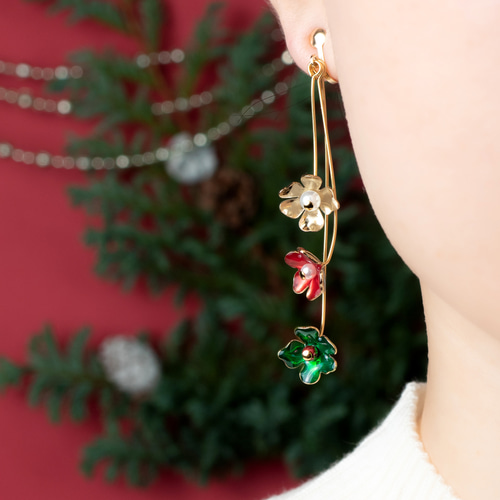 K14gf ゆれるクリスマスツリー 大ぶりピアス(イヤリング変更可