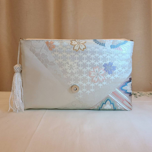Creema限定♡母の日】和風鶴桜模様シルク着物帯の2waysクラッチバッグ 