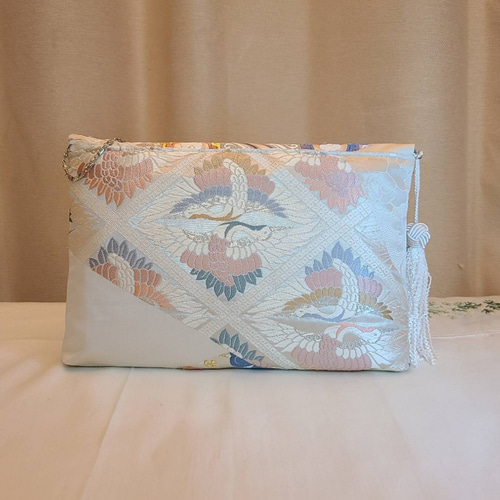 Creema限定♡母の日】和風鶴桜模様シルク着物帯の2waysクラッチバッグ 