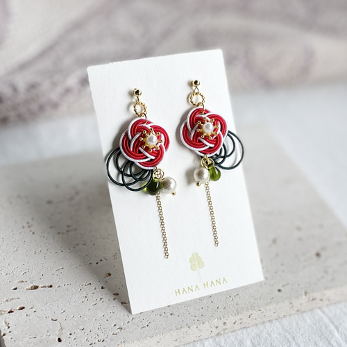 紅白椿】水引のピアス／イヤリング ピアス（フック・チェーン