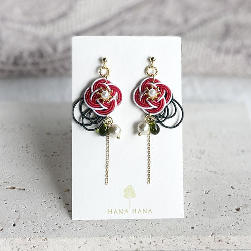 紅白椿】水引のピアス／イヤリング ピアス（フック・チェーン