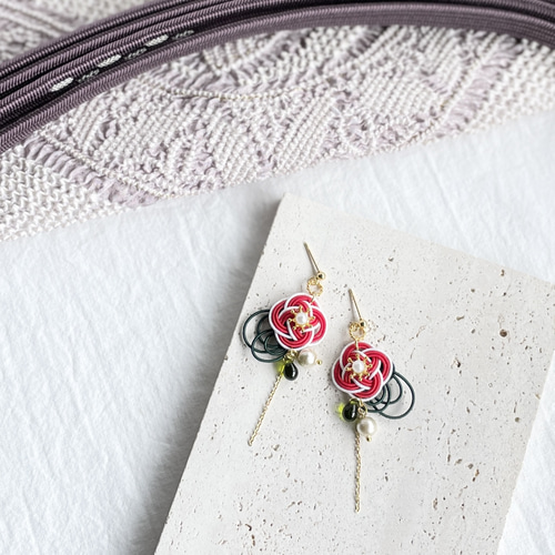 紅白椿】水引のピアス／イヤリング ピアス（フック・チェーン