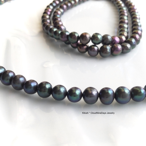 ハンドメイド シルバー　パール　オーバル　ブラック　サングラス　淡水パール ブラック淡水パール5.5mm SLVクラスプ 秋冬メタリックに染められた