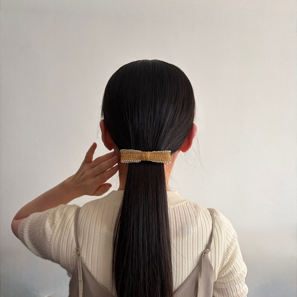 ヘアアクセサリー リボン バレッタ パール ゴールド 大きい レース   上品 お呼ばれ セレモニー ウエディング 13枚目の画像