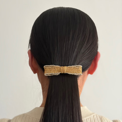 ヘアアクセサリー リボン バレッタ パール ゴールド 大きい レース   上品 お呼ばれ セレモニー ウエディング 2枚目の画像