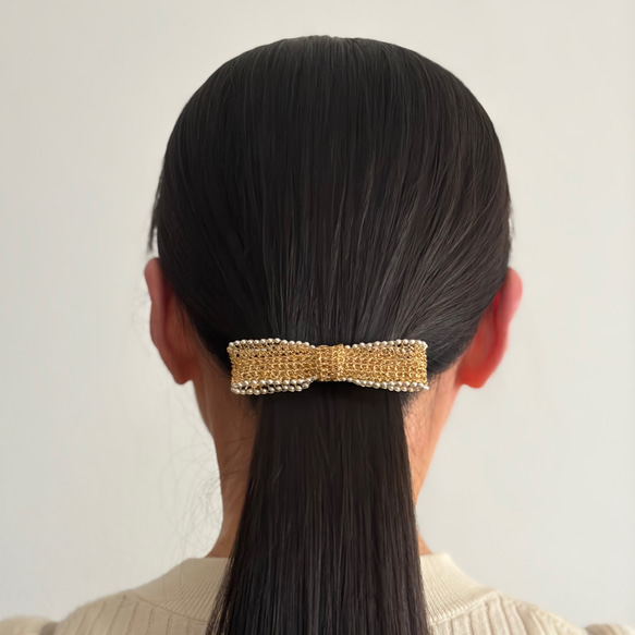 ヘアアクセサリー リボン バレッタ パール ゴールド 大きい レース   上品 お呼ばれ セレモニー ウエディング 2枚目の画像