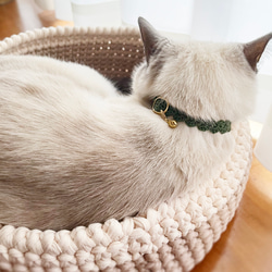 軽くてやわらかい手編みの猫首輪＊グリーンのウェーブライン〜子猫・初めての首輪にも〜 2枚目の画像