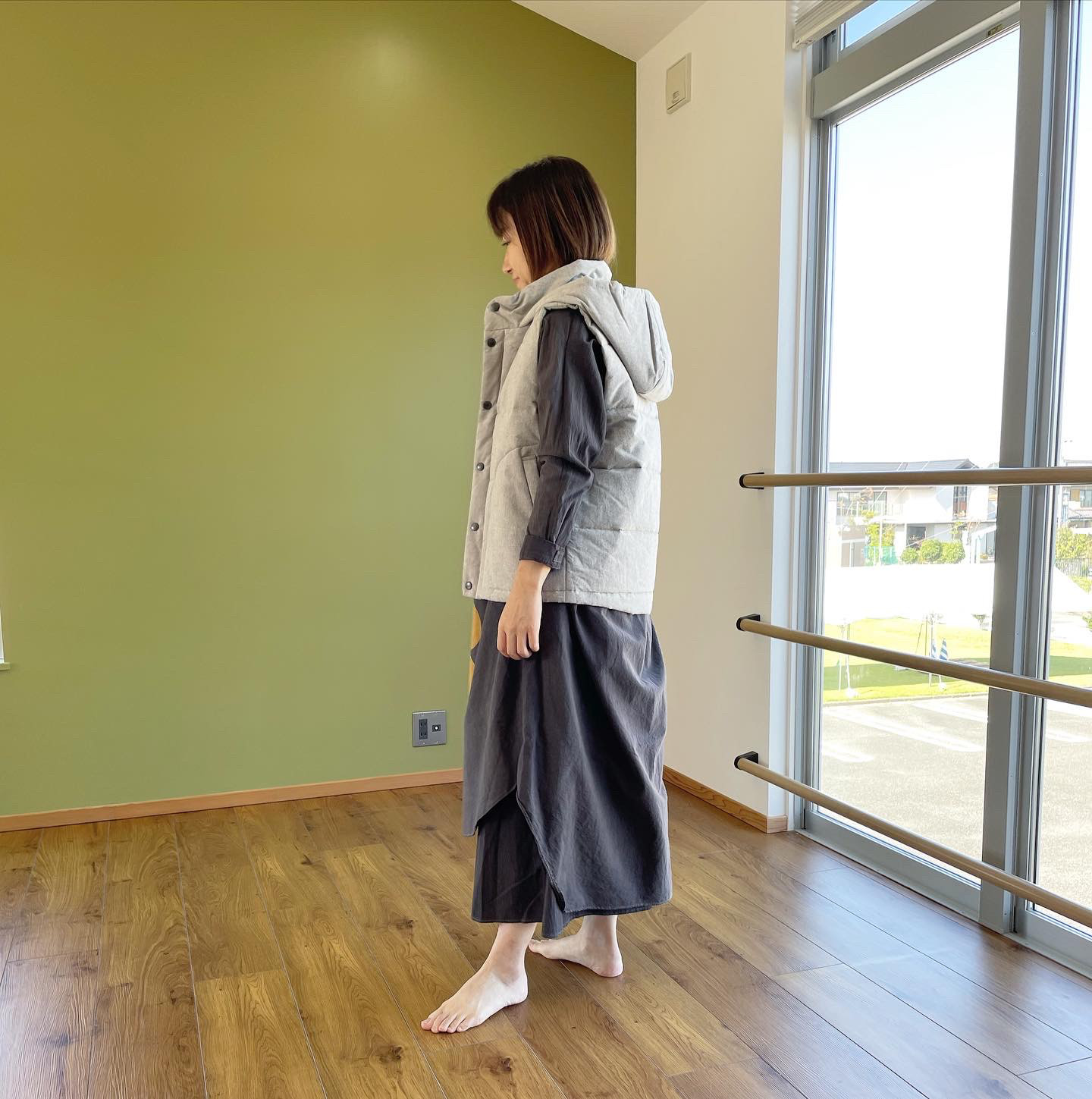 （Hjärta）ドビークロス×綿ウールバフ中綿キルトベスト　light grey