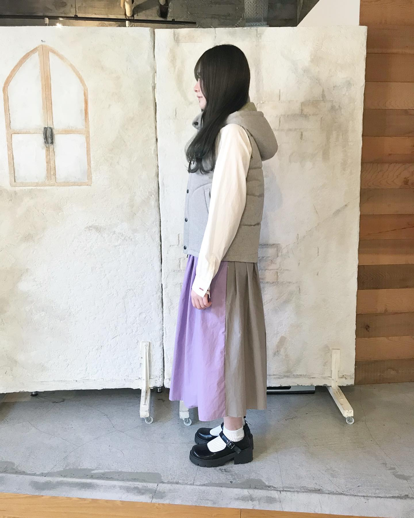 （Hjärta）ドビークロス×綿ウールバフ中綿キルトベスト　light grey