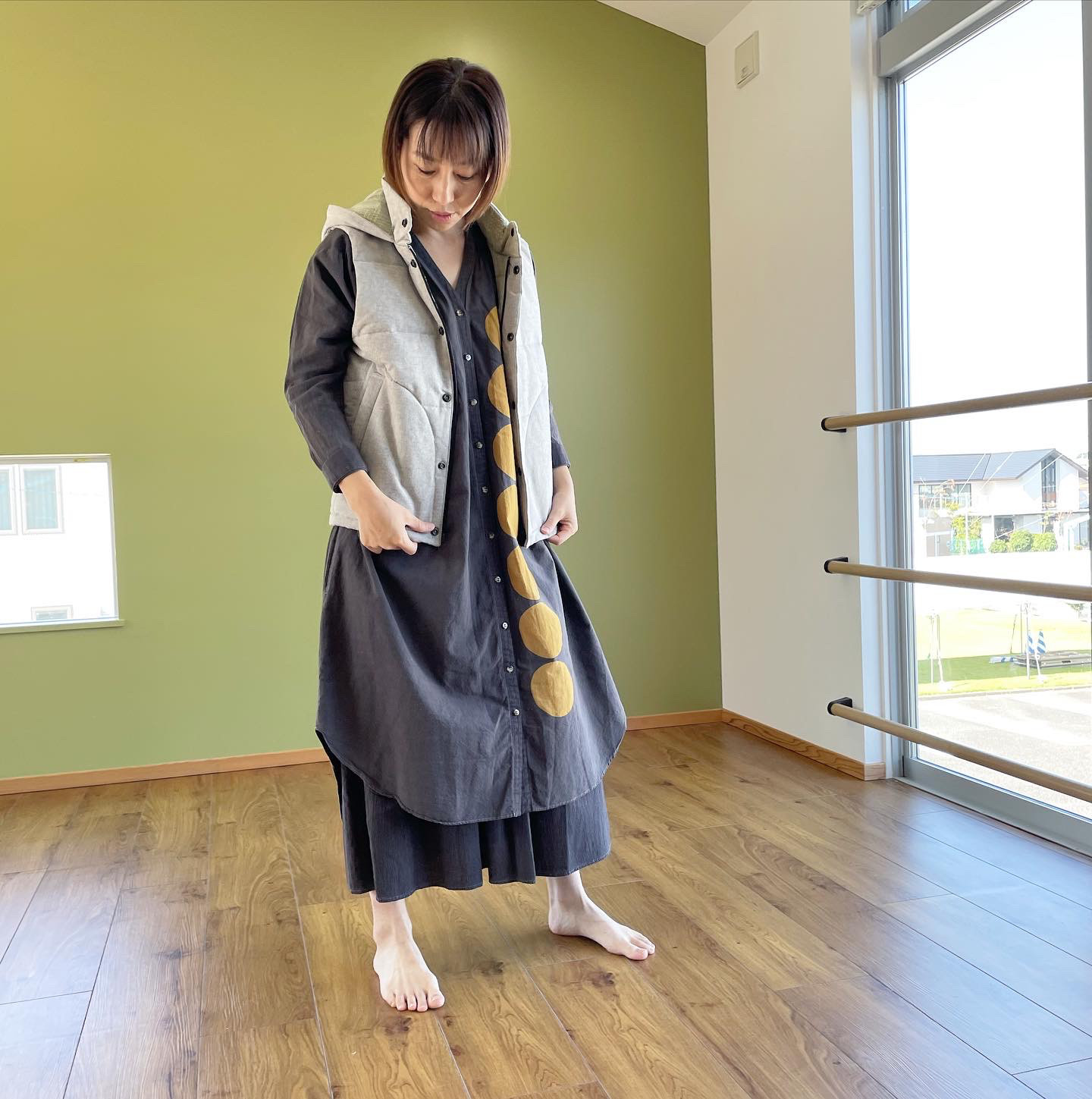 （Hjärta）ドビークロス×綿ウールバフ中綿キルトベスト　light grey