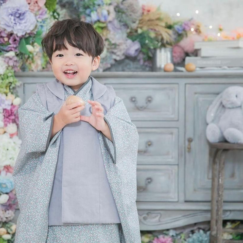 グレーリバティ着物&リバーシブル被布set【Hidcote Berry】七五三 3歳