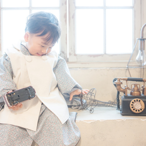 グレーリバティ着物&リバーシブル被布set【Hidcote Berry】七五三 3歳