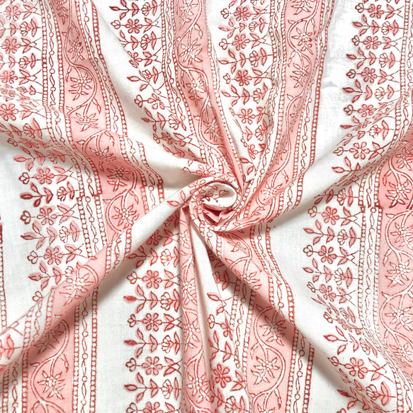 [50cm單位]白色粉紅色條紋花印度手工塊印花織物紡織品 第1張的照片