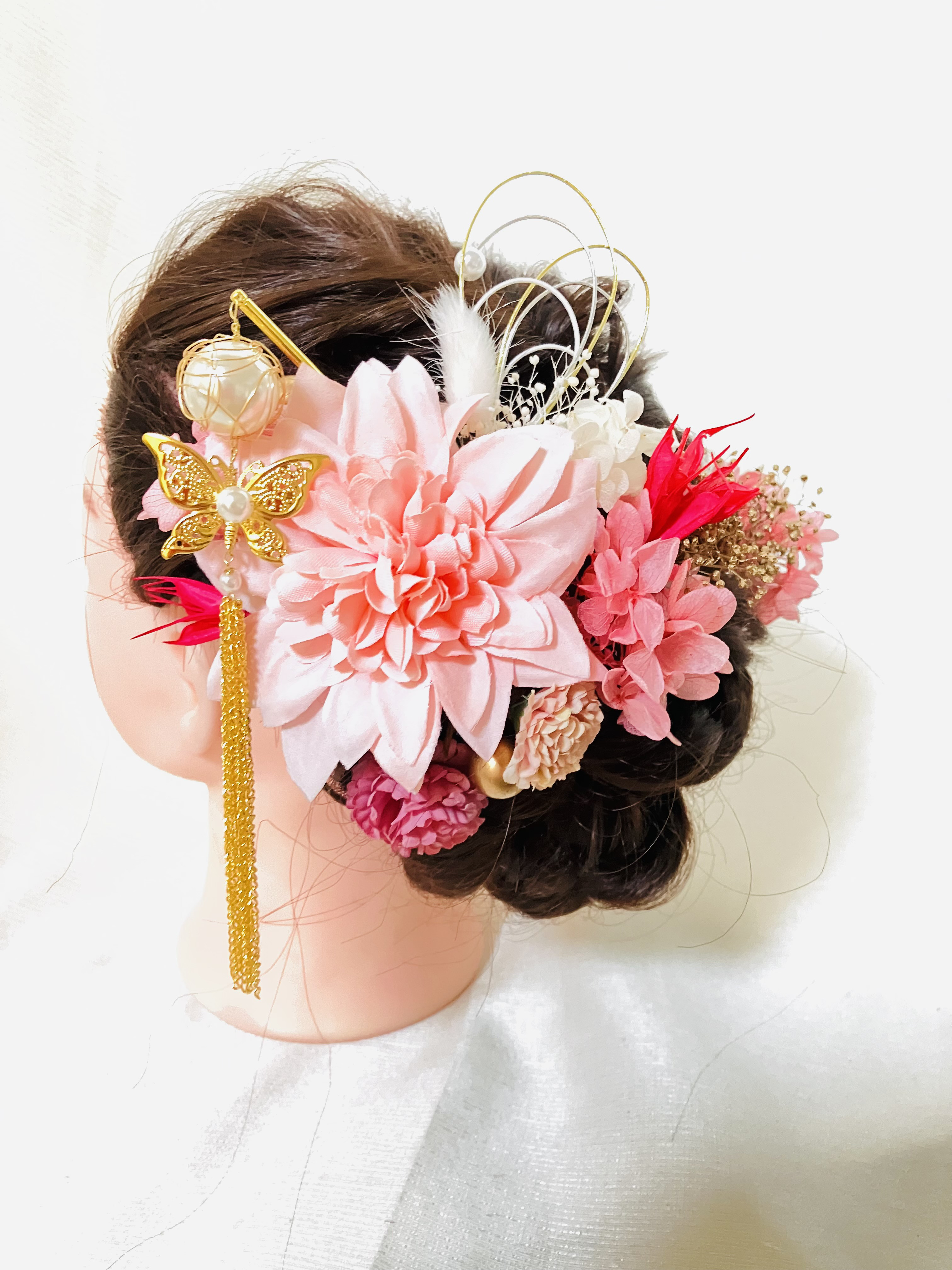 揺れる蝶々パール簪&ピンクフラワー髪飾り　結婚式髪飾り　成人式髪飾り　卒業式髪飾り　和装　洋装