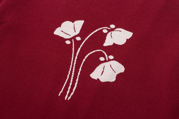 紅色 日系復古和服款針織開衫 改良國風玫瑰提花厚實毛衣外套 (不含腰帶) 第5張的照片