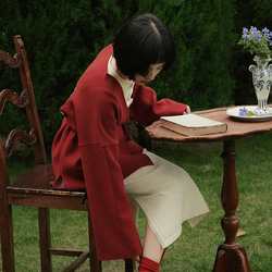 紅色 日系復古和服款針織開衫 改良國風玫瑰提花厚實毛衣外套 (不含腰帶) 第12張的照片