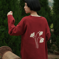 紅色 日系復古和服款針織開衫 改良國風玫瑰提花厚實毛衣外套 (不含腰帶) 第1張的照片