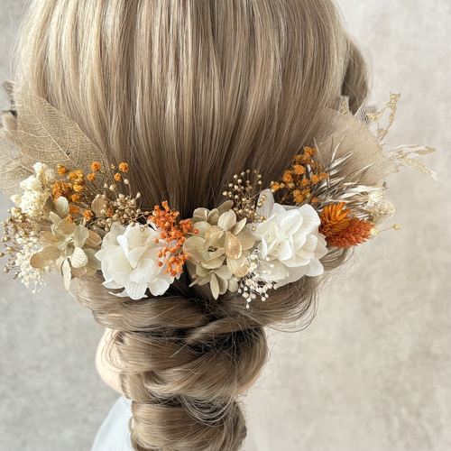 ambre】オレンジ×ゴールド お花の髪飾り ドライフラワー 結婚式 卒業式
