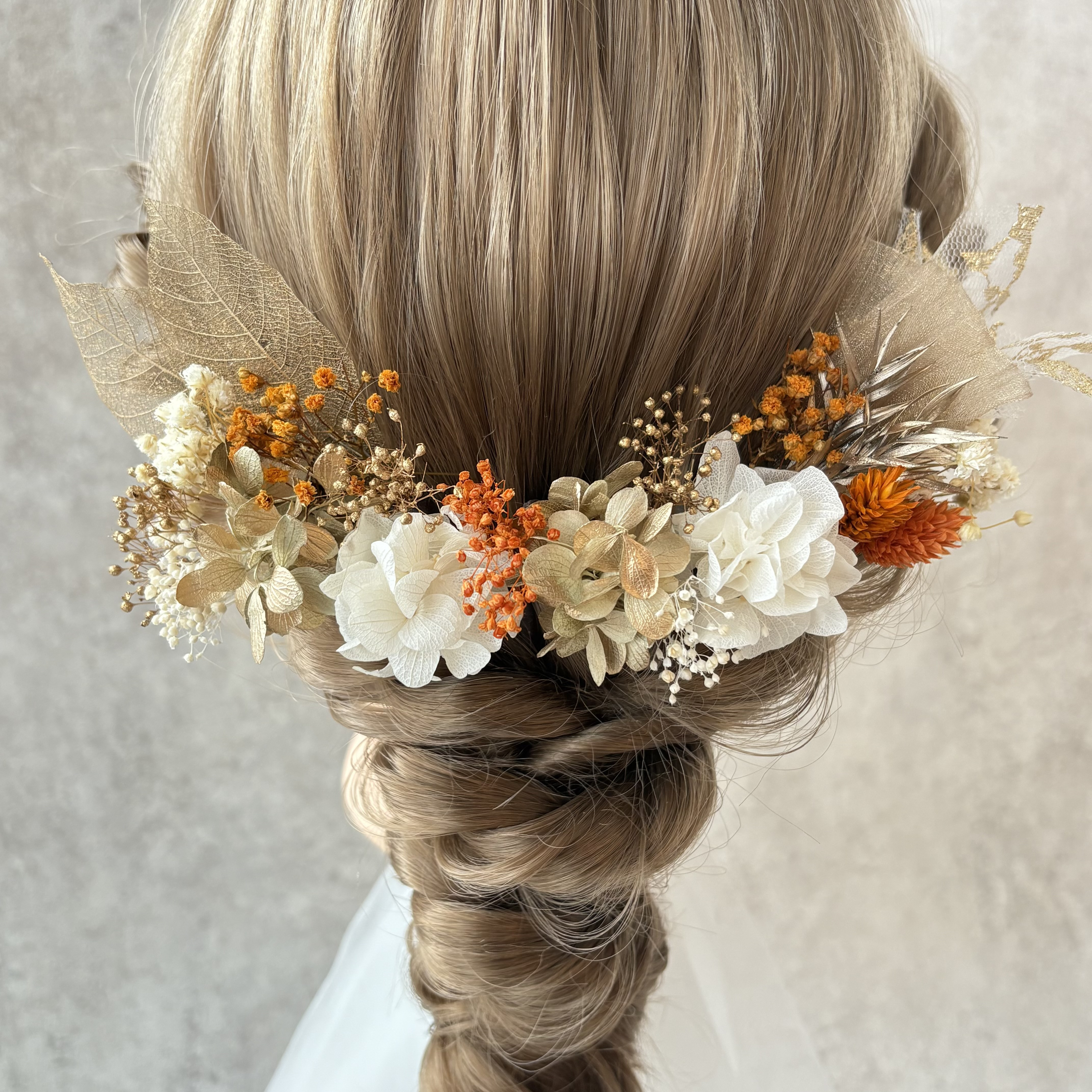 【ambre】オレンジ×ゴールド　お花の髪飾り　ドライフラワー　結婚式　卒業式　成人式
