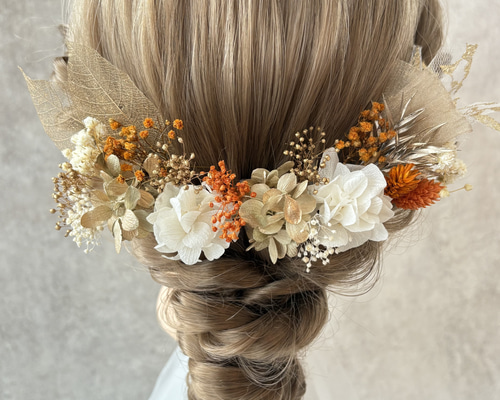 ambre】オレンジ×ゴールド お花の髪飾り ドライフラワー 結婚式 卒業式