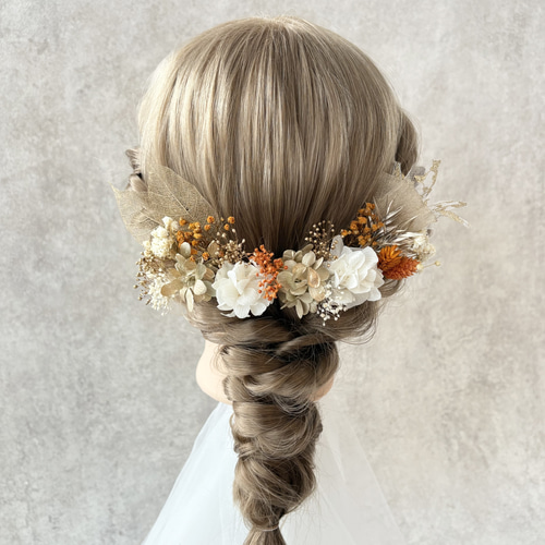 ambre】オレンジ×ゴールド お花の髪飾り ドライフラワー 結婚式 卒業式