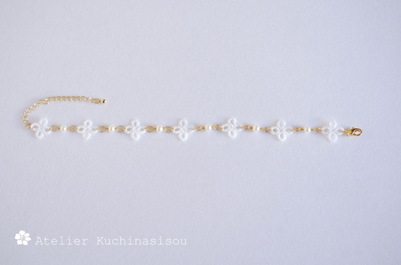 梭織蕾絲小花淡水珍珠手鍊&lt;金&gt; 第4張的照片