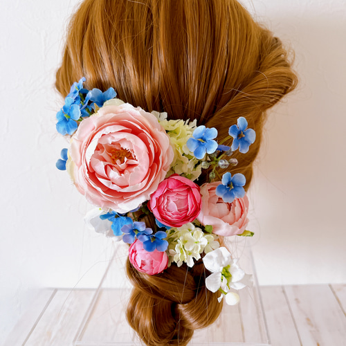 アーティフィシャル 造花 ヘアパーツ ピンク ホワイト ブルー