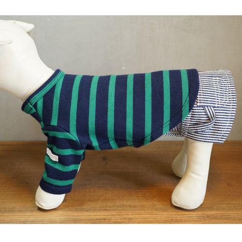 犬服 グリーン×ネイビー☆ボーダー ロングTシャツ☆ ドッグウェア