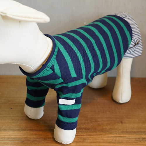 犬服 グリーン×ネイビー☆ボーダー ロングTシャツ☆ ドッグウェア