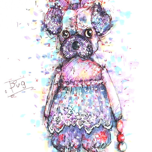 ペン画イラスト プードル(アプリコット)のミニぬいぐるみ 原画 はがきサイズ