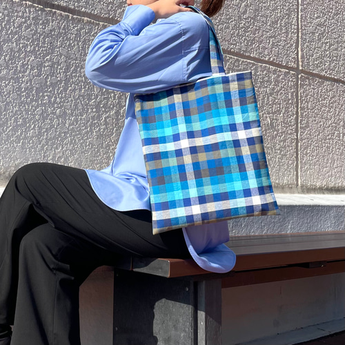 haag トートバッグ チェック柄 エコバッグ 青 haag トートバッグ