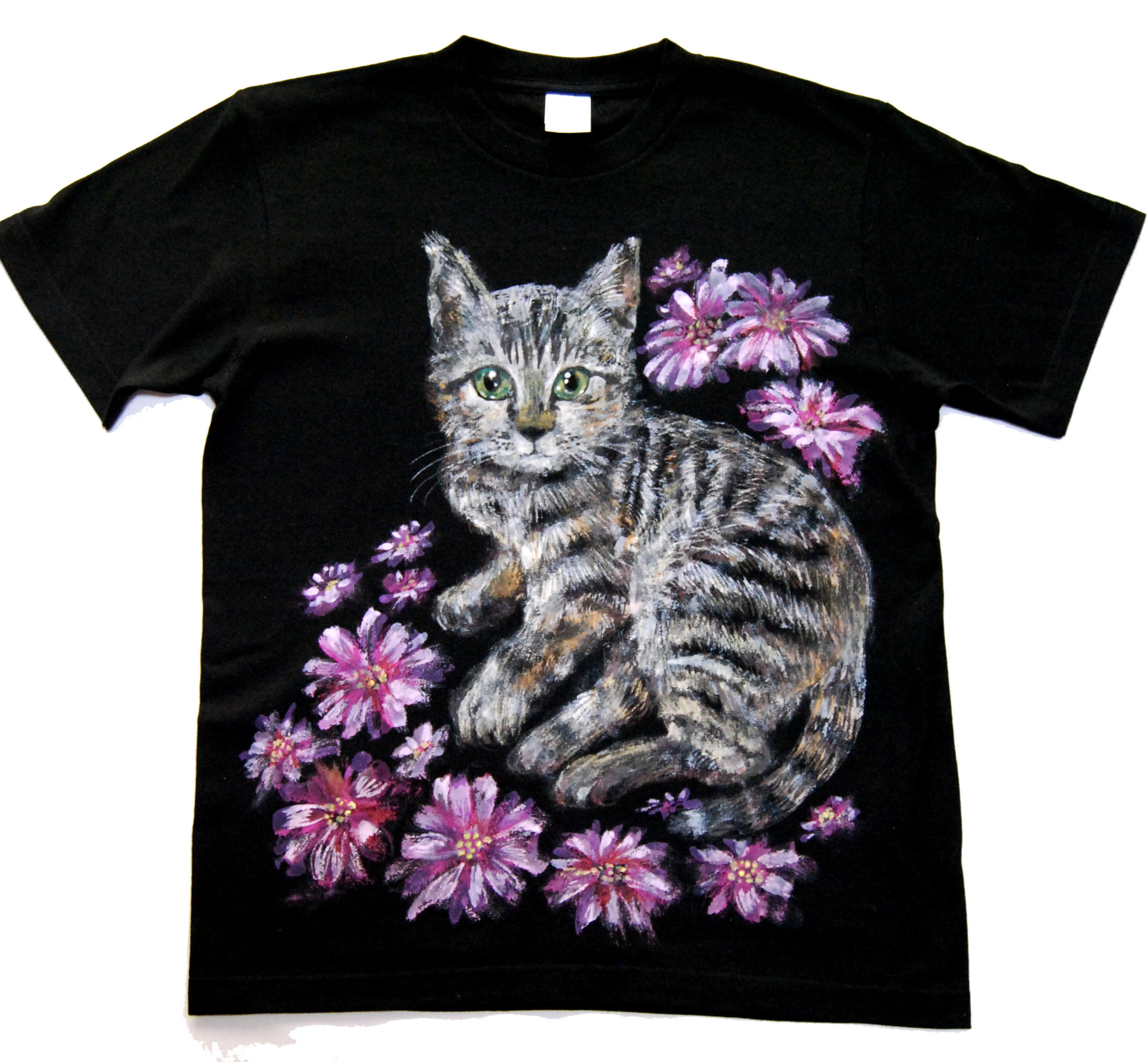 「庭の花と　私の猫」　ペット　似顔絵 猫 Tシャツ　お好きなポーズ・写真で♪　リアル描写　綿　名入れ　プレゼント