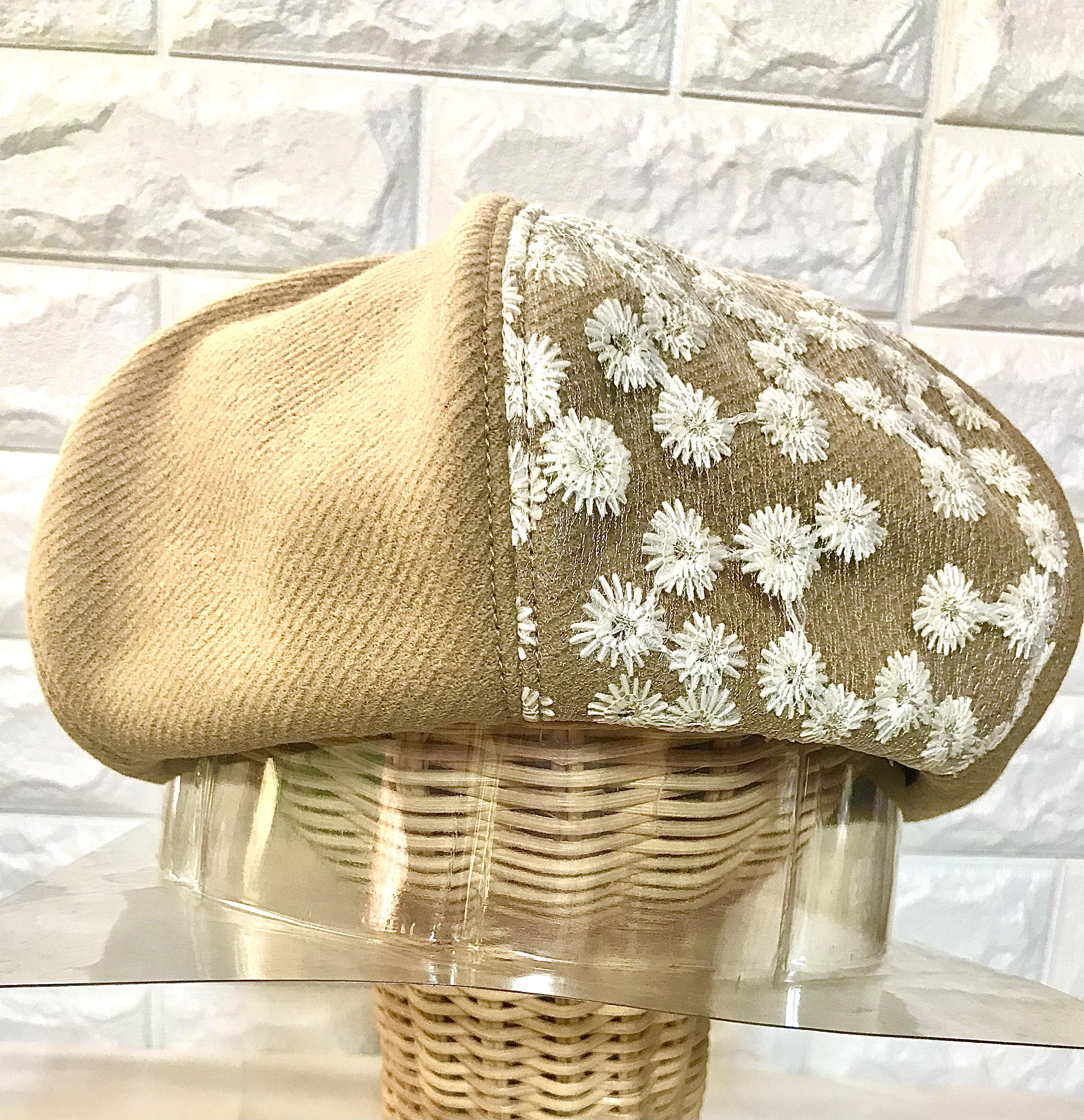 ☆手編み 大きなお花のベレー帽☆ラメ入りピンクベージュ knit-1595-1.jpg