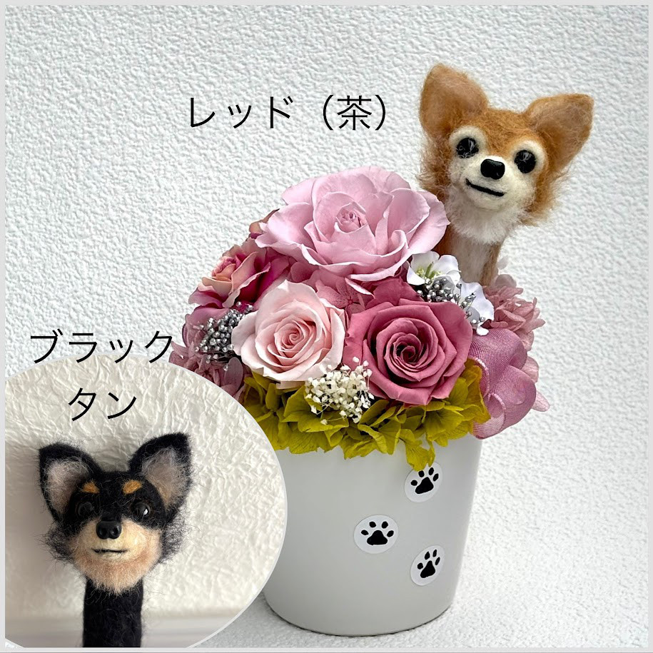ちょこんと顔出す　チワワ（右側）＆　プリザーブドフラワー（くすみピンク色系）　/　羊毛フェルト　プレゼント　花　犬