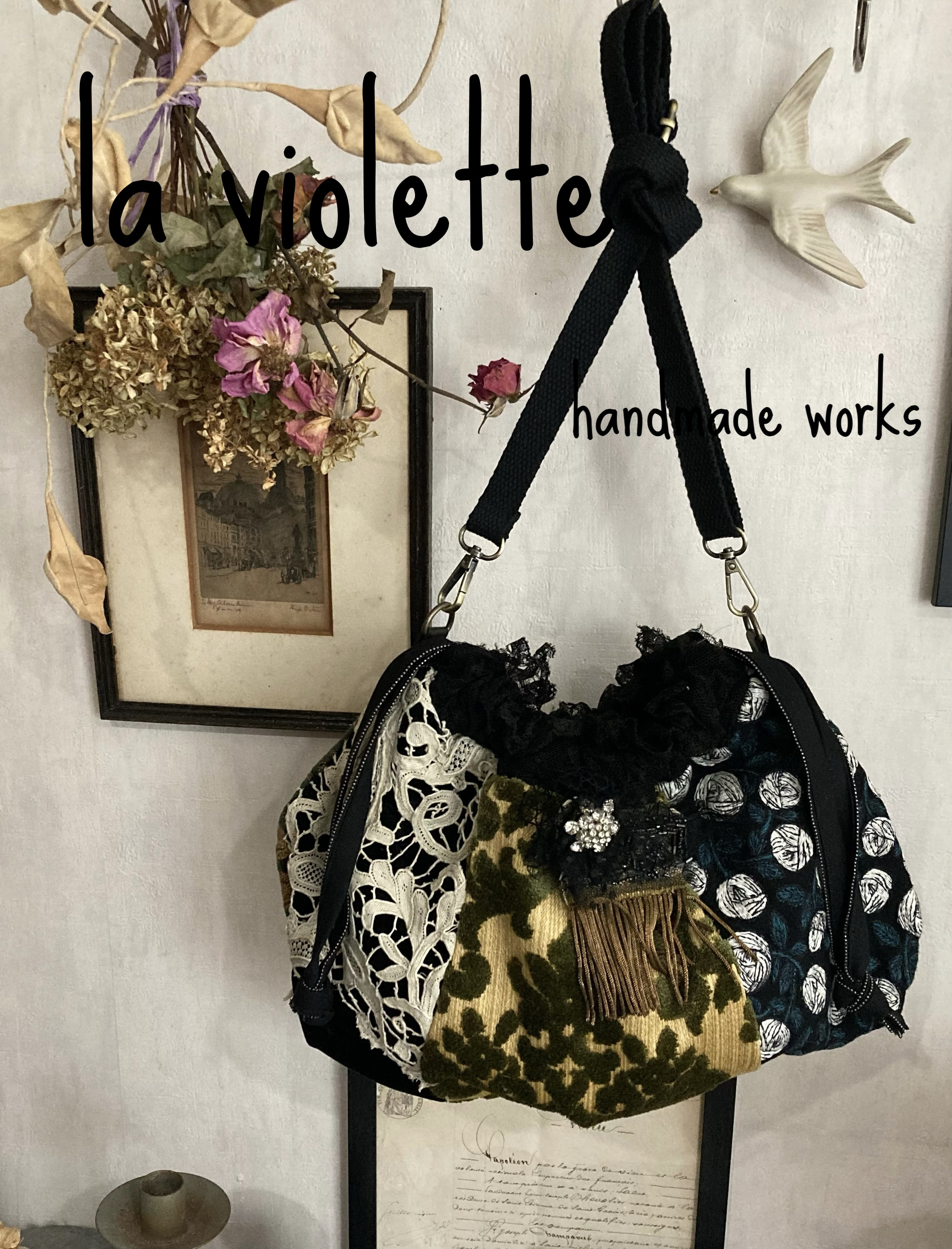 ＊秋冬限定♪フレンチゴブラン＆ベルベットなど6パッチのパンプキン型ドローストリングショルダーポシェット♪コサージュ付＊