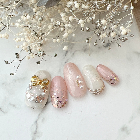 ネイルチップ ワンホン リボン ビジュー クリスマス 冬 1668n-04.jpg