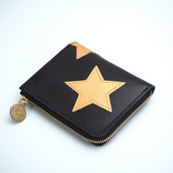 Ｌ字ファスナー 財布（星パッチワーク/ ブラック） 本革 コンパクト スター 3枚目の画像