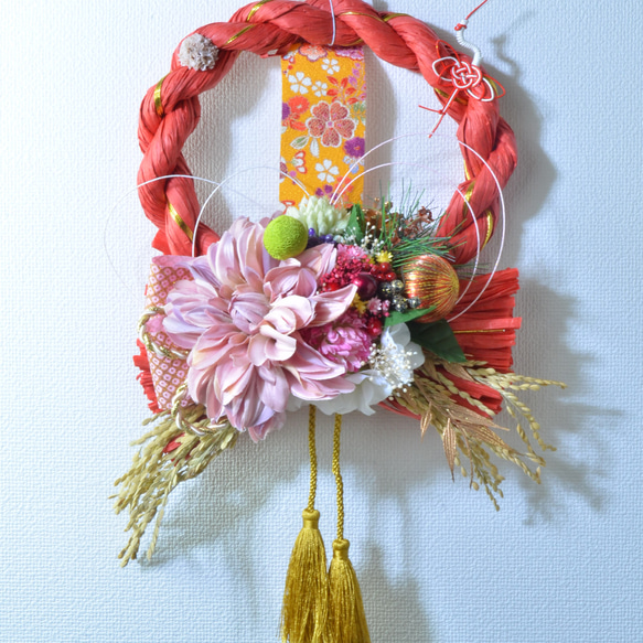 「幸せを呼ぶ」 お正月 しめ縄飾り おしゃれ 手作り ハンドメイド サークルレッド 1 5枚目の画像