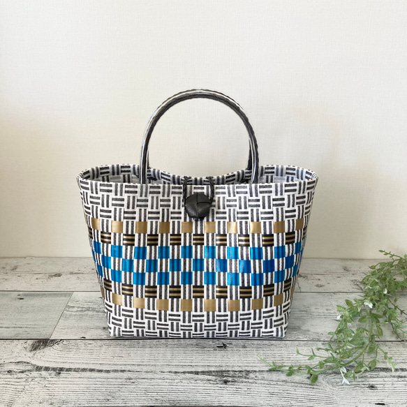 プラかごバッグ マルチボーダー柄 Mサイズ ブルー系 プラカゴ pp