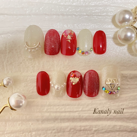 手作りネイルチップ 赤 ベージュ オーダー制】メンバーカラー 赤 ネイルチップ ネイルチップ（つけ爪