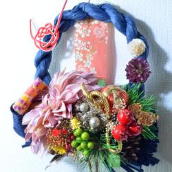 「幸せを呼ぶ」 お正月 しめ縄飾り おしゃれ 手作り ハンドメイド サークルブルー ０１ 8枚目の画像